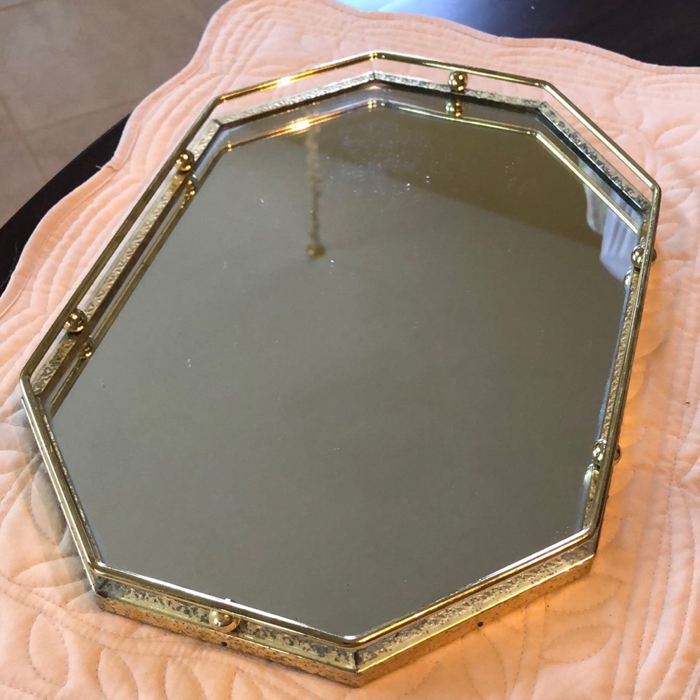 Antique Octagonal Rectangle Makeup/Perfume Gold tone framed Dresser Mirror tray